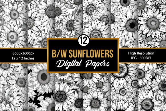 Black White Sunflowers Digital Papers