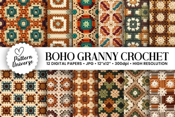Boho Granny Crochet Digital Papers for Creative Projects