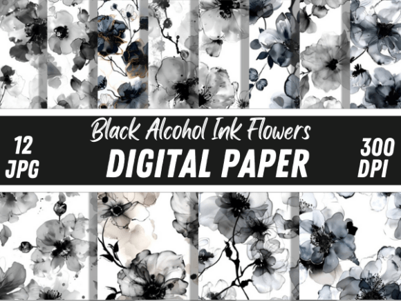 Luxury Black Alcohol Ink Flowers Pattern