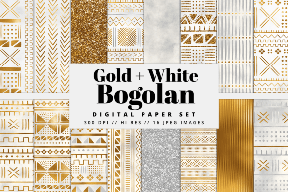Transforming Traditional African Artistry into Modern Digital Design: The White and Gold Bogolan Digital Paper Set